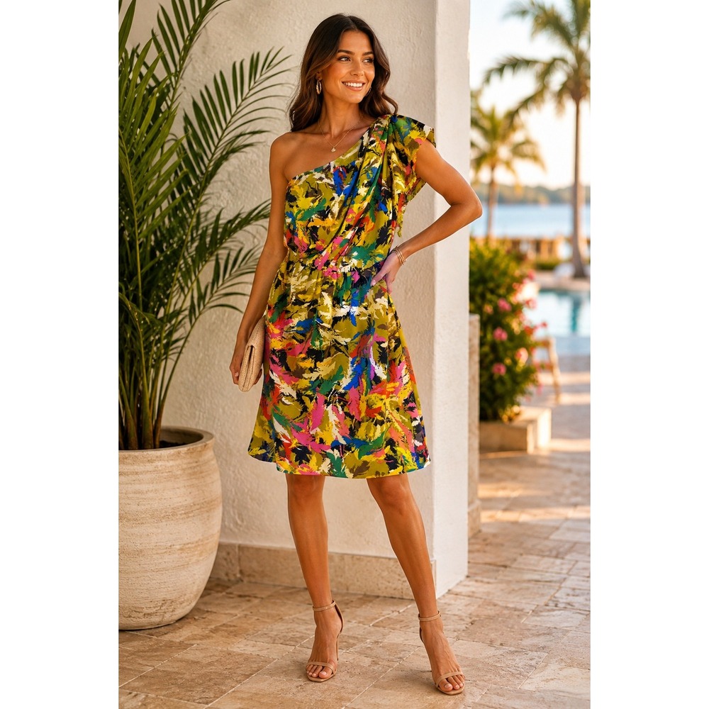 MM Couture One Shoulder Abstract Tropical Print Dress Draped Party Resort M